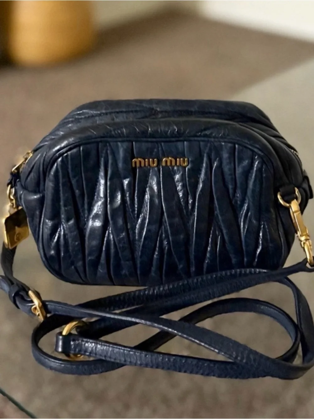 Miu Miu Quilted Navy Leather Crossbody with Gold Hardware